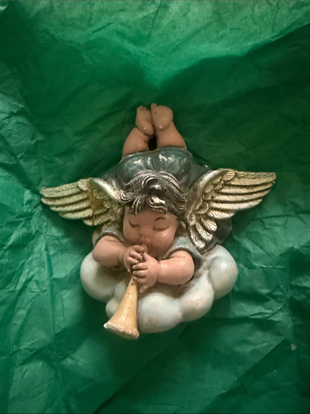 Sleeping Angel Figurine with Gold Wings and Trumpet